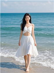 夏日海边性感白裙美女图片