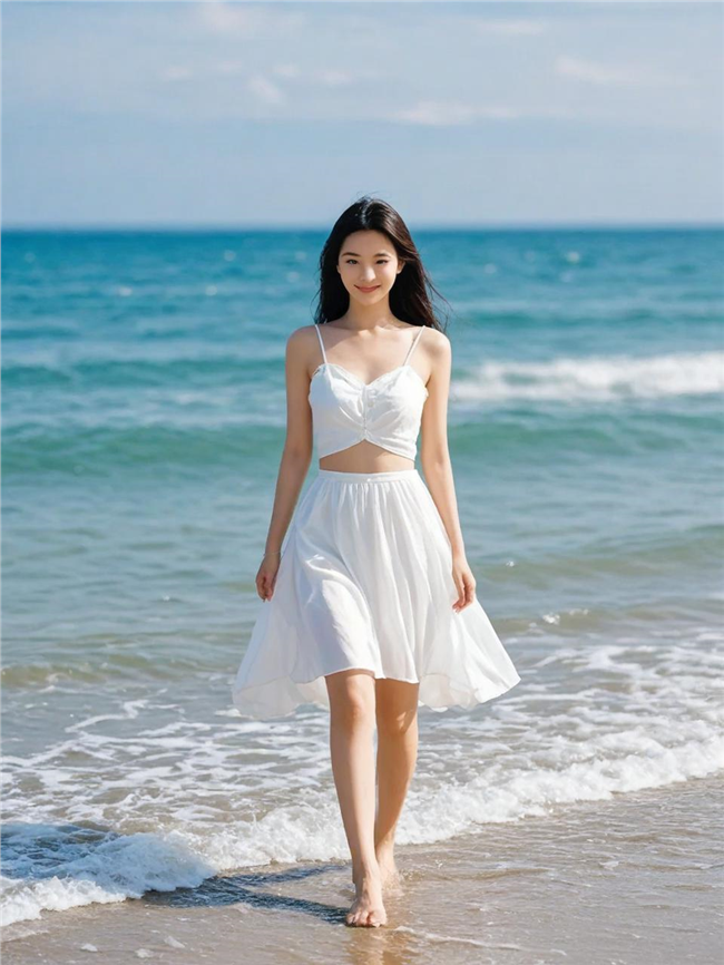 夏日海边白色泳装性感美女图片