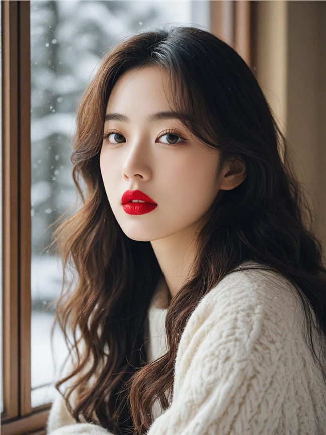 亚洲冬季大红唇美女写真摄影图片