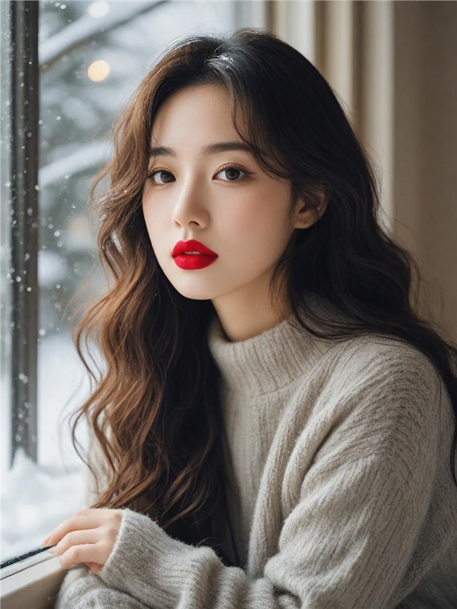 冬季窗边红唇大波浪卷发美女图片