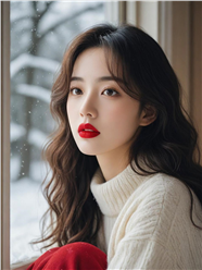 冬季窗边看雪的红唇美女图片