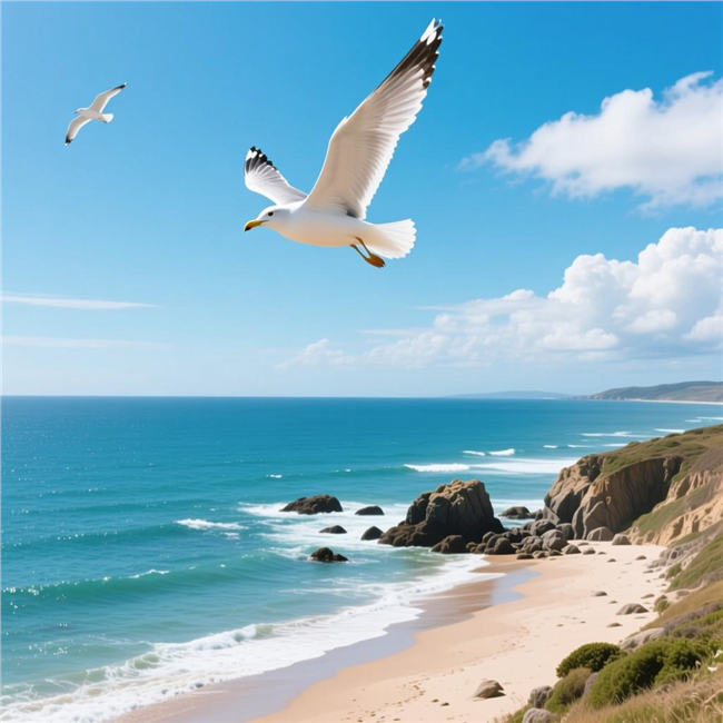 蓝色天空大海沙滩飞翔的海鸥图片