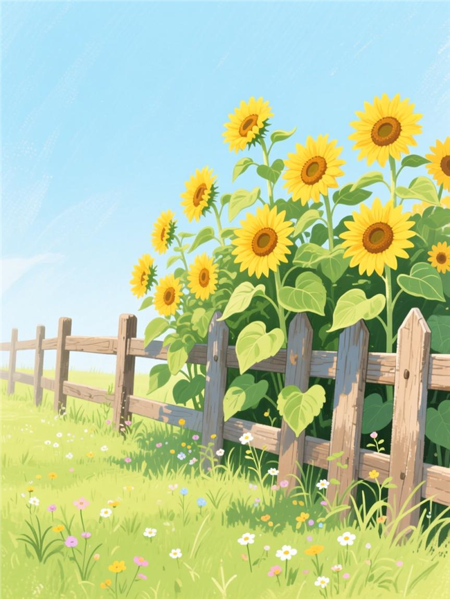 清新明快卡通插画向日葵栅栏图片