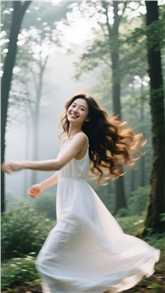 树林雾气朦胧自由跳舞美女摄影图片