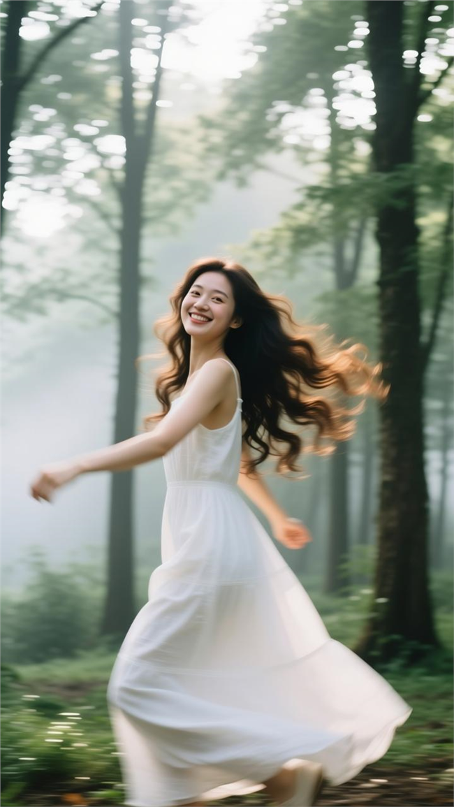树林放飞自我的白色连衣裙美女图片