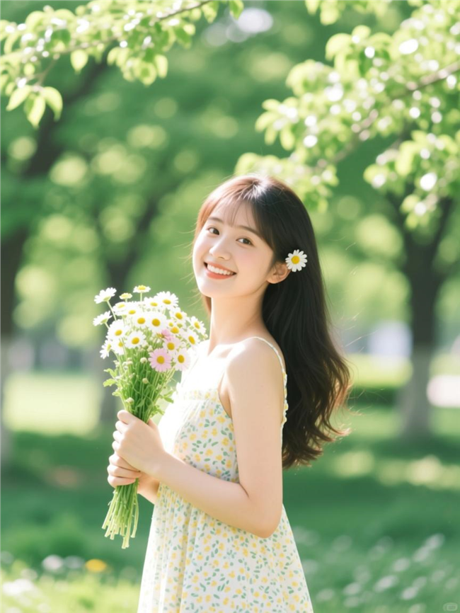 绿色树林清新女孩手捧花束图片