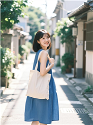 街头背着帆布袋回眸微笑的美女图片