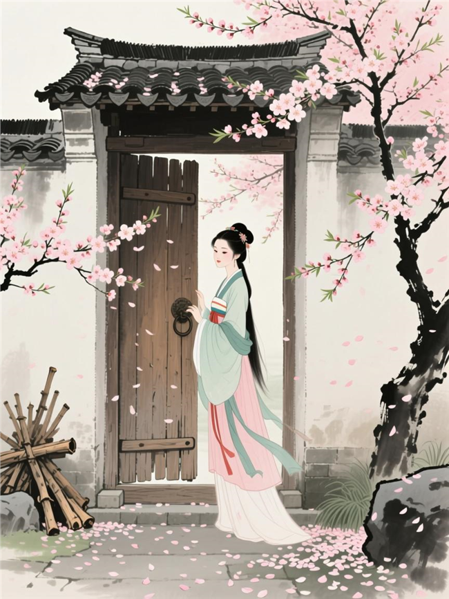 古朴院落古装美女水墨画图片