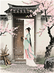古朴院落古装美女水墨画图片