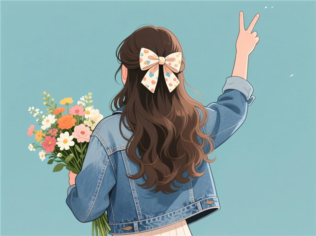 卡通少女剪刀手背影头像插画图片