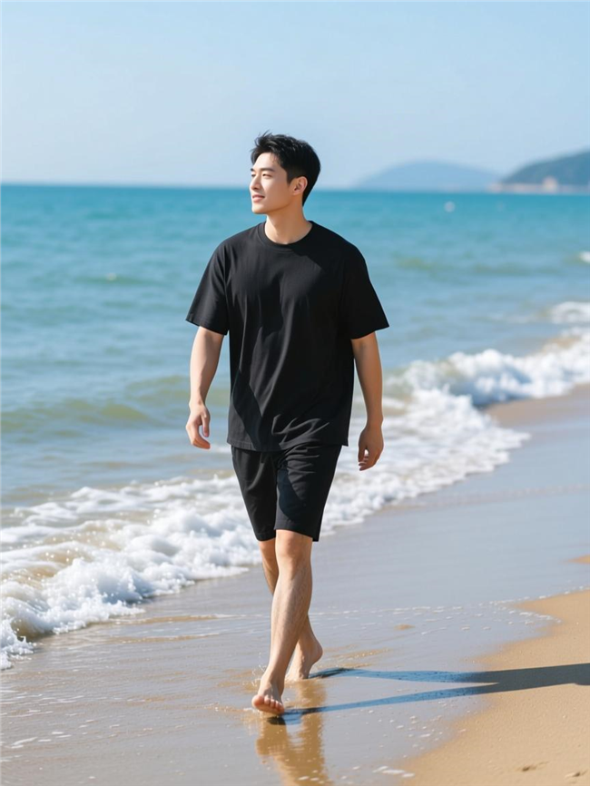 光着脚丫子海边沙滩漫步的帅哥图片