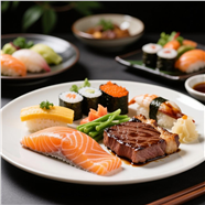 美味三文鱼寿司牛排食物摄影图片