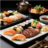 日本三文鱼寿司牛排美食摄影图片