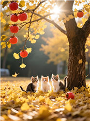 秋天站在柿子树下的小猫图片