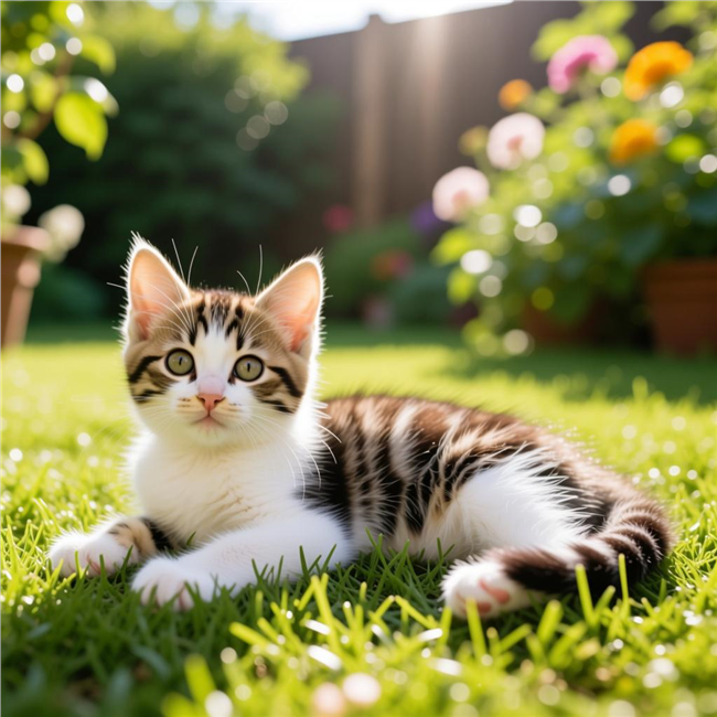 可爱小猫趴在草地晒太阳图片
