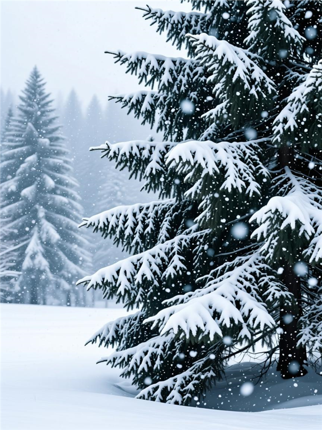 冬季雪花纷飞雪地雪松风景图片