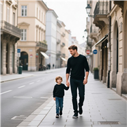 欧美街头爸爸牵着孩子的手图片