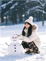 冬季雪地女孩堆雪人摄影图片