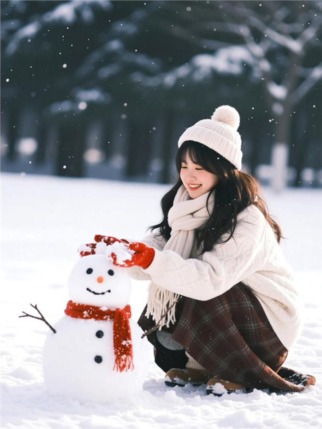 冬季白色雪地堆雪人的女孩图片