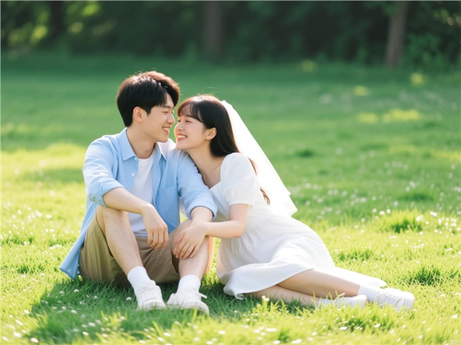 春日治愈系情侣草地写真图片