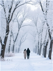 冬季树林雾凇雪景情侣背影图片