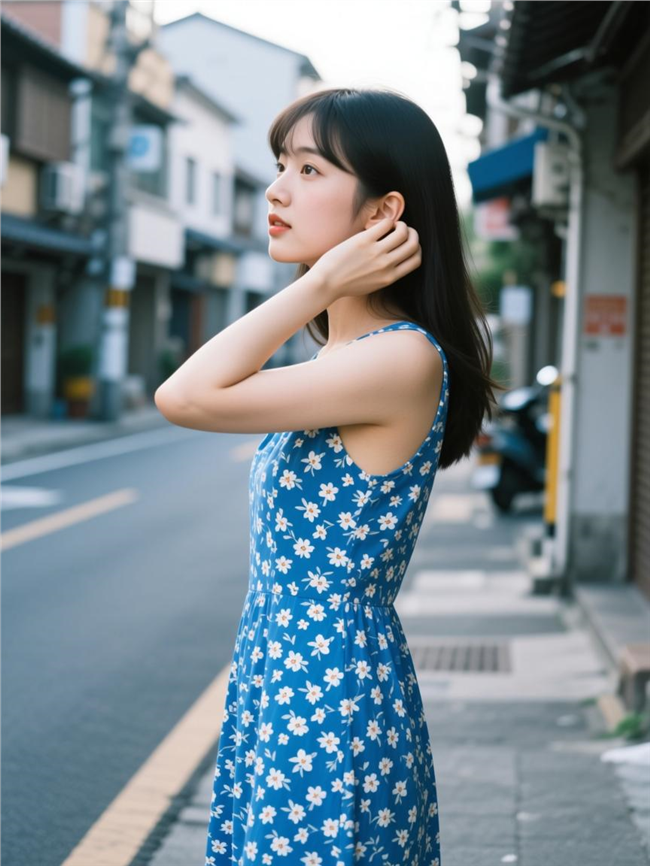 站在街头穿蓝色碎花裙的美女图片
