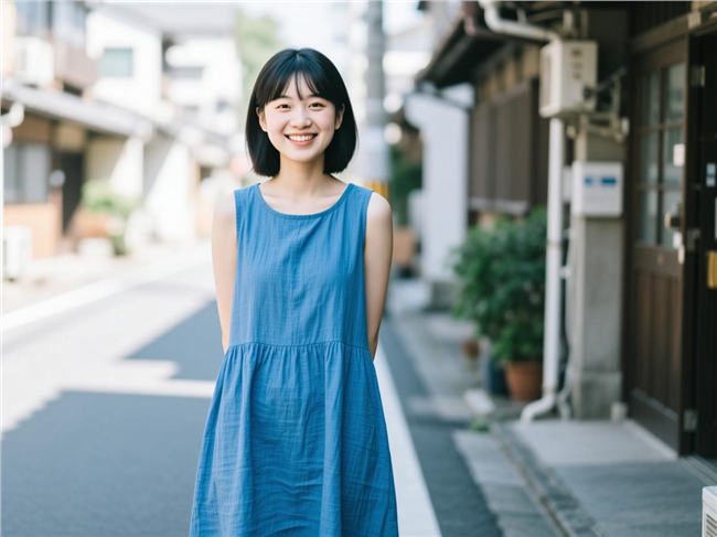 街头蓝色棉麻连衣裙美女写真图片