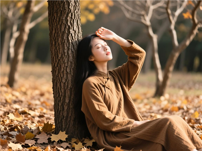 秋天美女坐在树下晒太阳图片