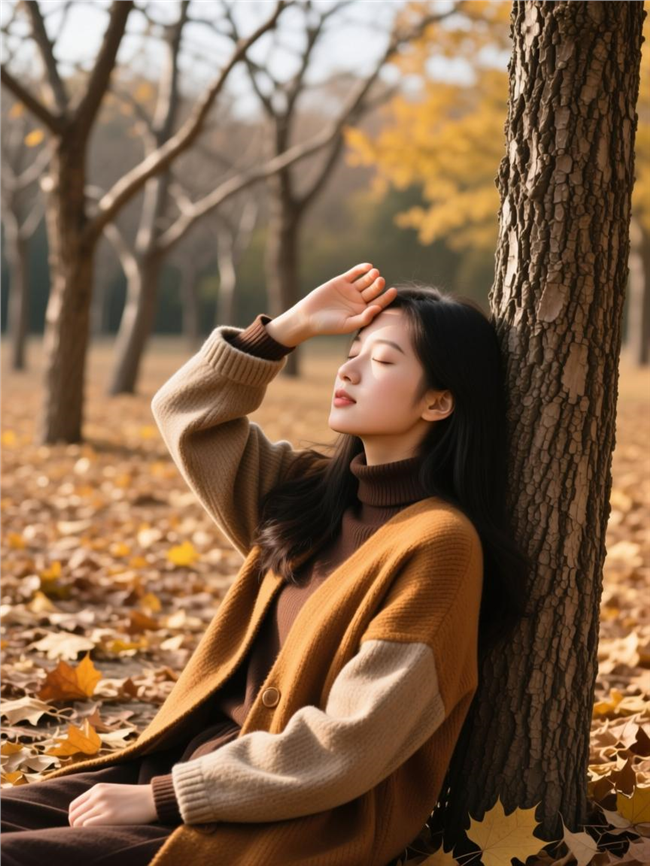 秋天倚靠在树下的美女图片