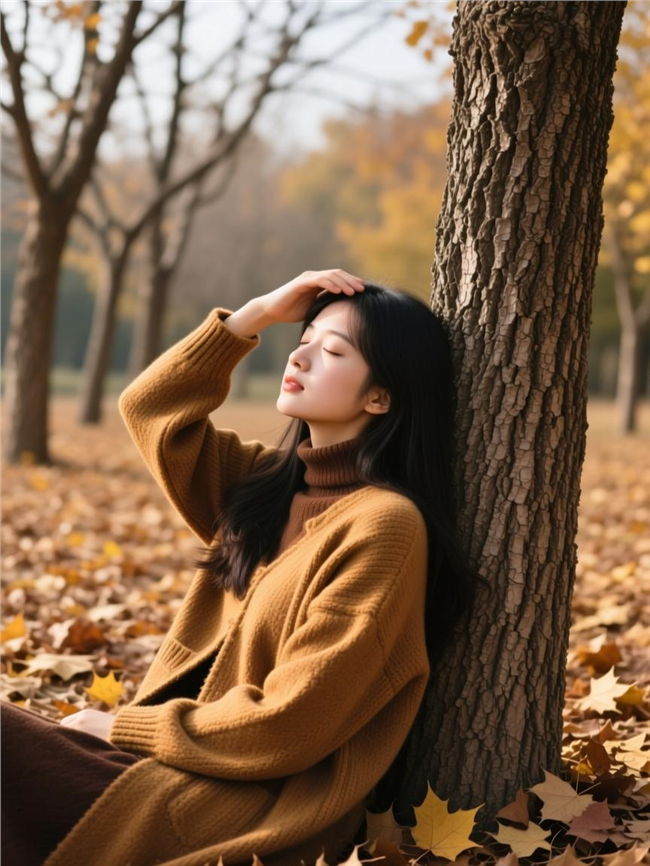 穿着棕色外套的美女倚靠在树边图片