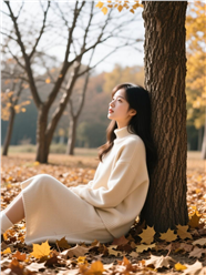 秋天靠在树下的美女图片