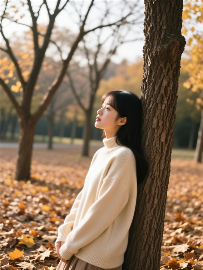 秋天米白色高领毛衫美女倚靠树下图片