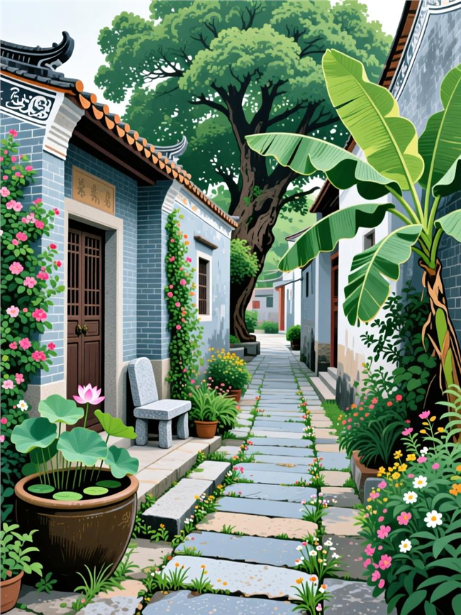 卡通插画风格岭南古巷摄影图片