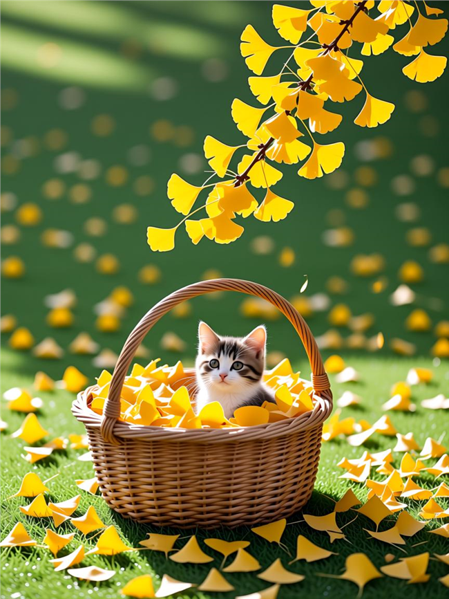 秋天黄色银杏叶小猫咪摄影图片