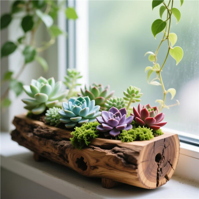 窗台摆放着的多肉盆栽植物图片