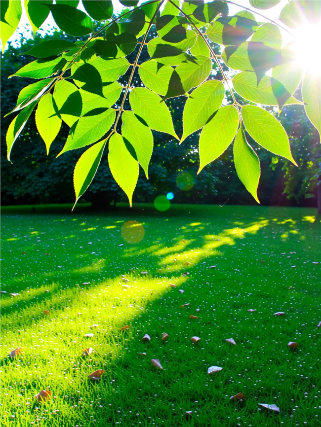 阳光透过树叶照在草地上图片