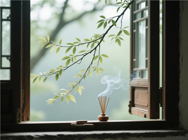木质窗台点燃的松香图片