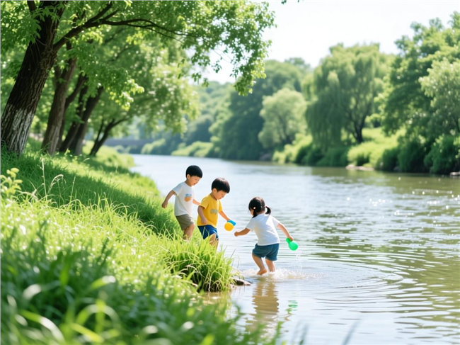 夏日河边玩耍的孩子们图片