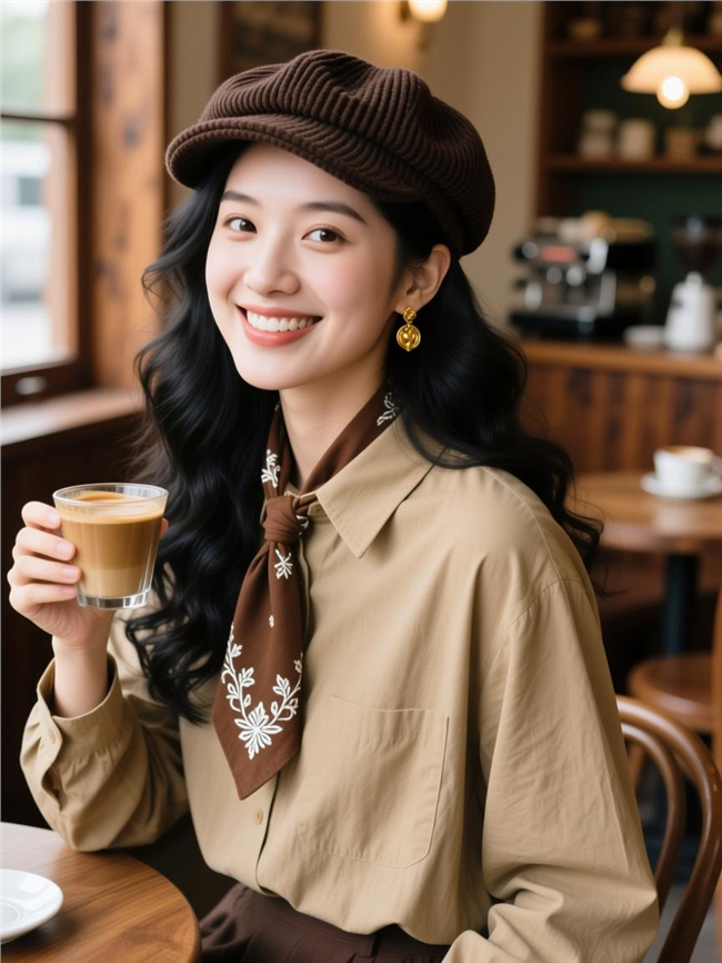 卡其色衬衫戴帽喝咖啡美女图片