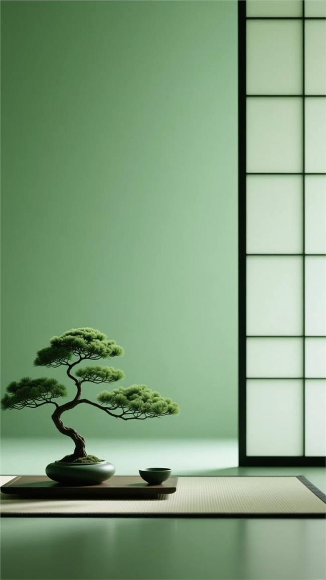 禅意风格绿色盆景植物树木图片