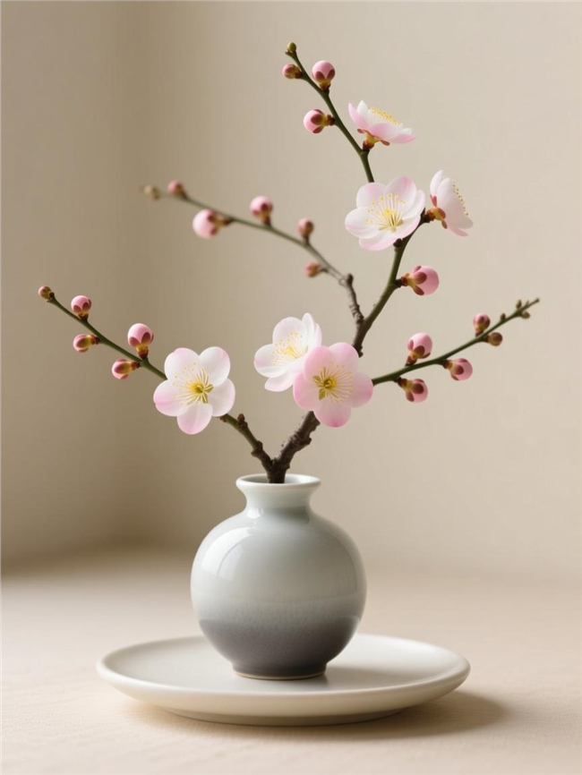 东方禅意梅花插花摄影图片