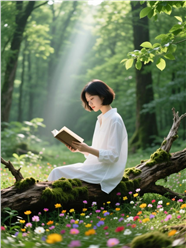 春天绿色树林看书的美女图片