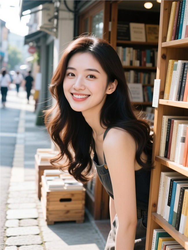 街头书店美女微笑写真摄影图片