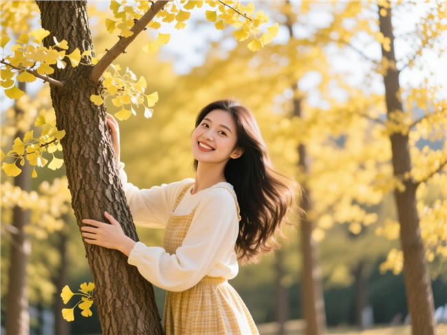 秋天银杏树林美女写真摄影图片