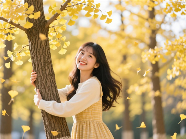 黄色银杏树下治愈系美女摄影图片