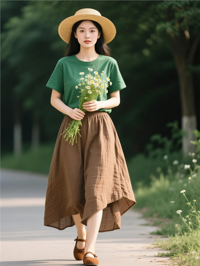 秋天不规则棉麻半裙戴帽美女写真图片