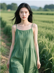 绿色稻田吊带裙美女写真图片