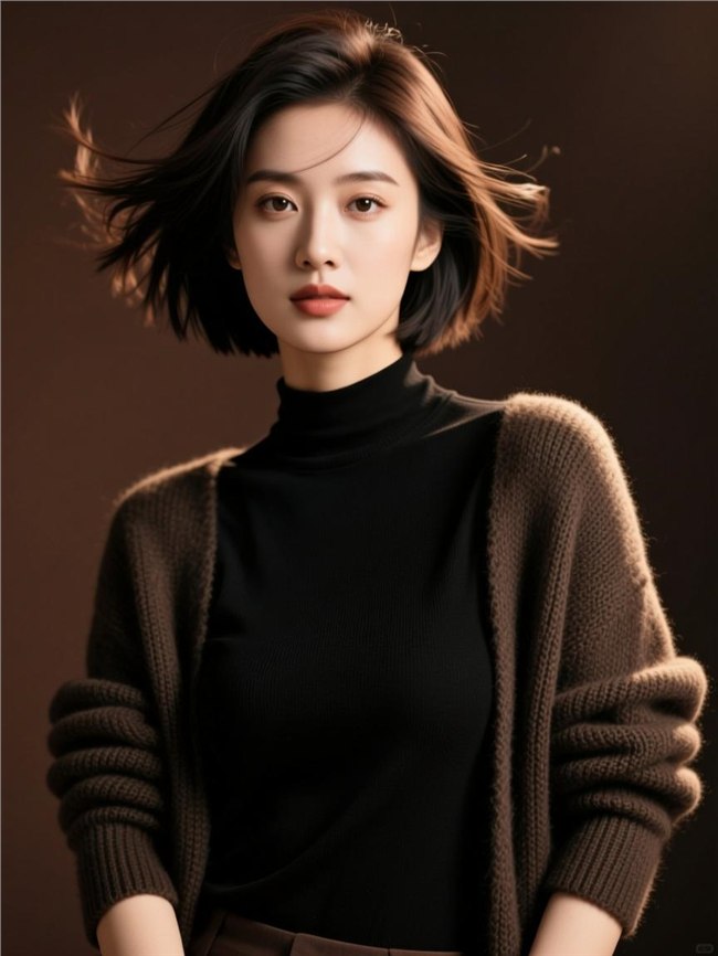深咖色开衫美女短发发型图片