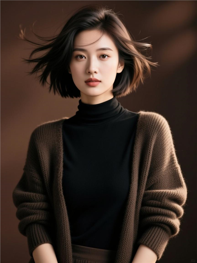 深咖色羊毛开衫短发美女图片