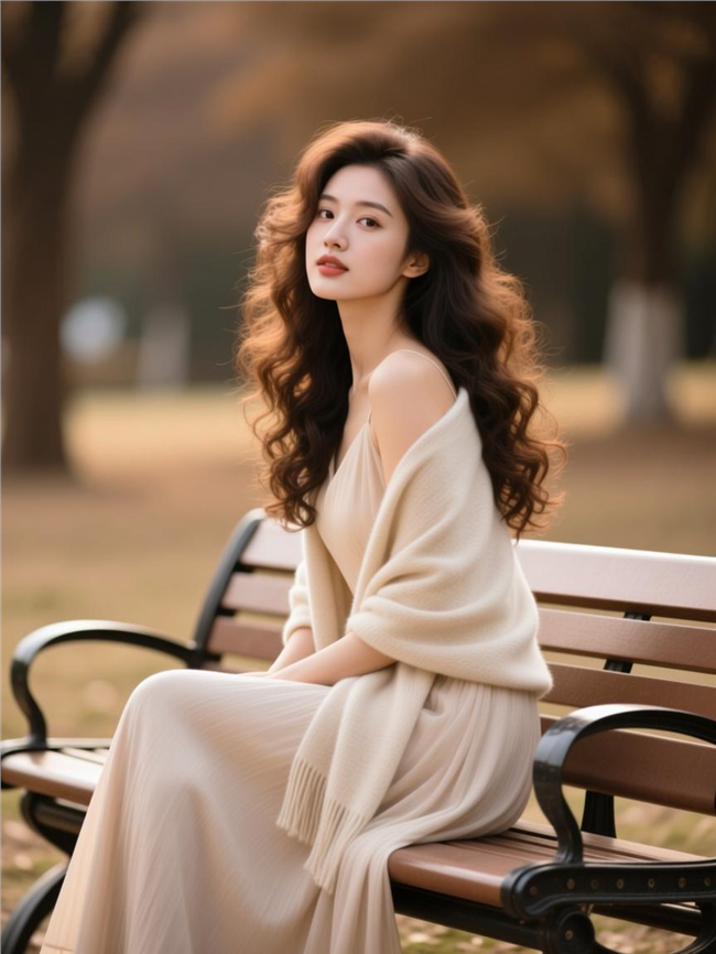 穿浅色长裙外搭披肩的性感美女图片